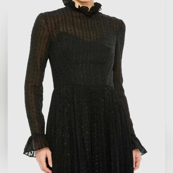 Ieena for Mac Duggal Black Embroidered Long Sleeve Ruffle Dress - Picture 4 of 10